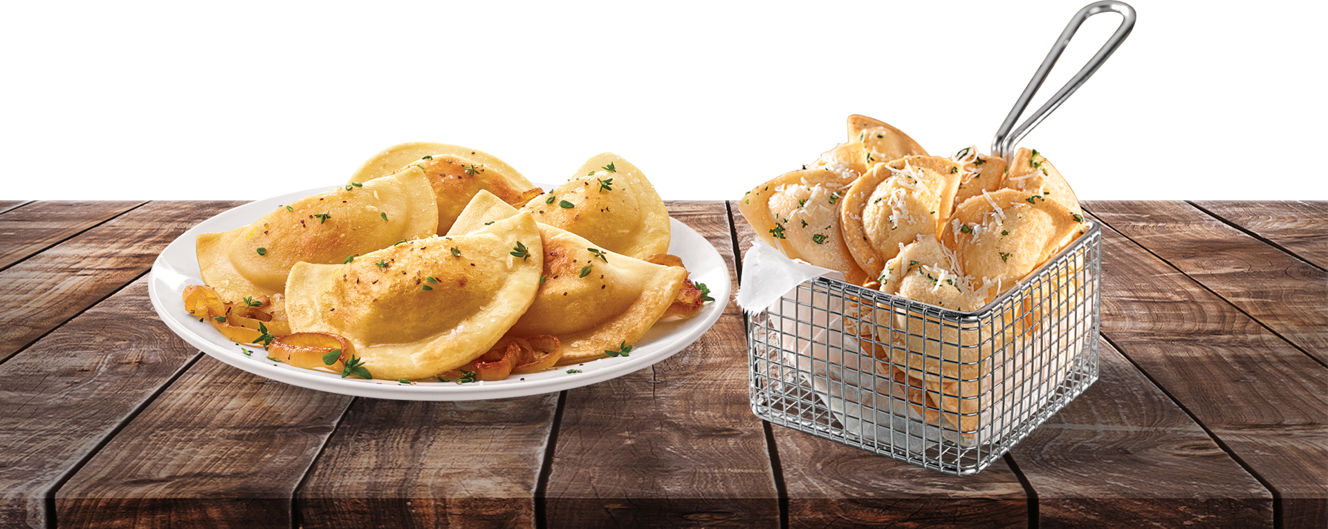 Two dishes of pierogies on a wooden tabletop