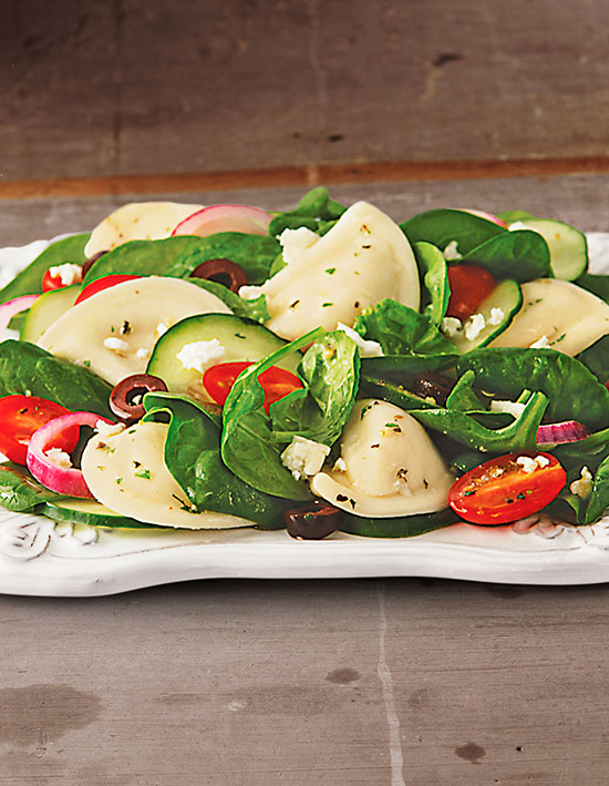 Crumbled Feta and Baby Spinach Pierogy Salad