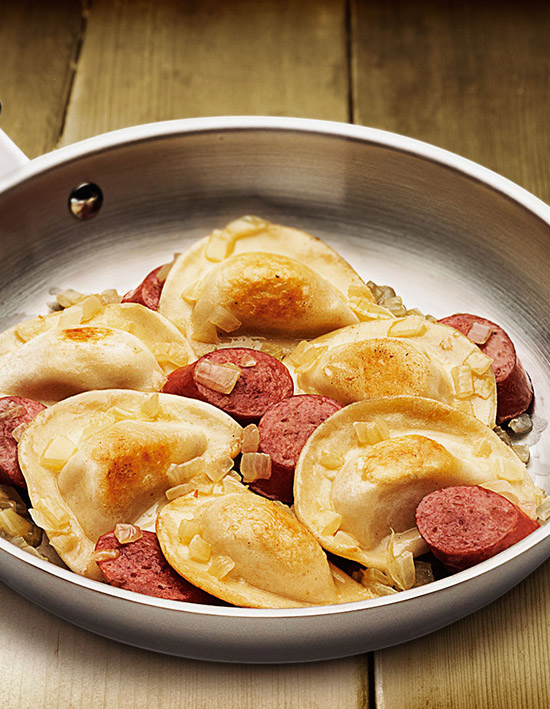 Cheddar Pierogy and Kielbasa Skillet