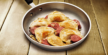 Cheddar Pierogy and Kielbasa Skillet