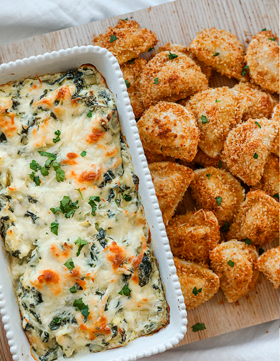 Spinach Artichoke Dip with Parmesan Crusted Pierogies